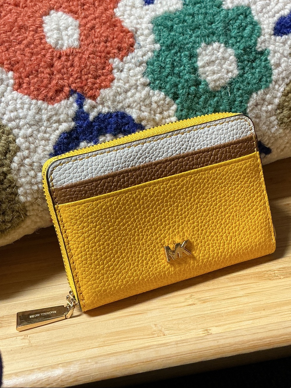Michael Kors Yellow Pebbled Leather Zip Card Wallet with Brown and Cream Stripes